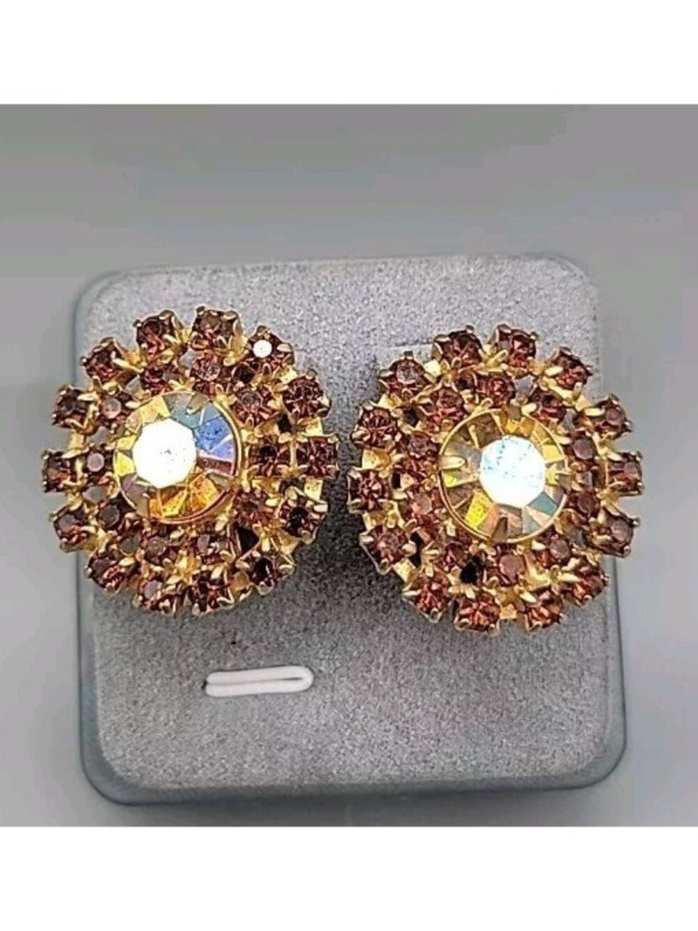 Garne Clip On Earrings Large Brown & AB Rhinestone 1950s Vintage Statement Round